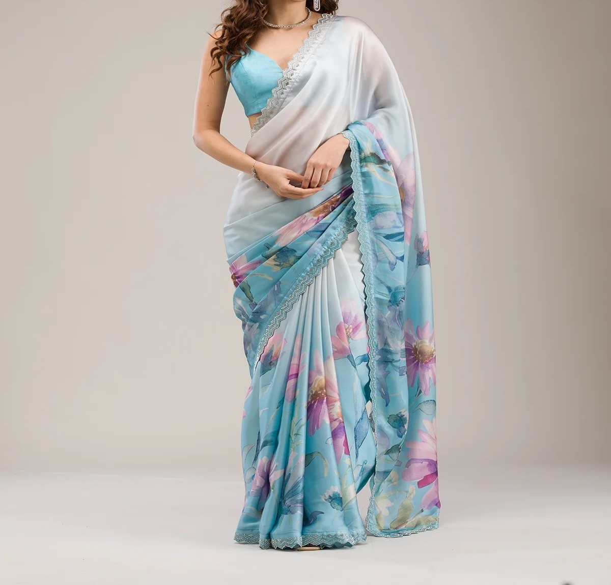 Blue Stonework Satin Saree